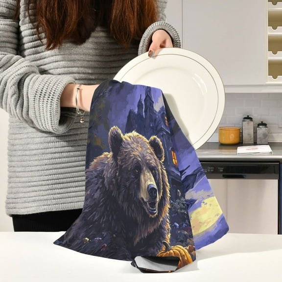 BZSMCE Kitchen Towels Creative Hesitant Bear and Pumpkin Pattern Durable Kitchen Towel