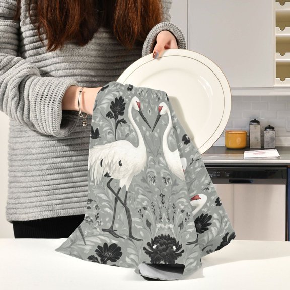 BZSMCE Kitchen Towels Creative Ink Cranes Pattern Pattern Durable Kitchen Towel