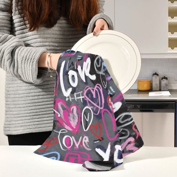 BZSMCE Kitchen Towels Creative Love You Graffiti Pattern Durable Kitchen Towel