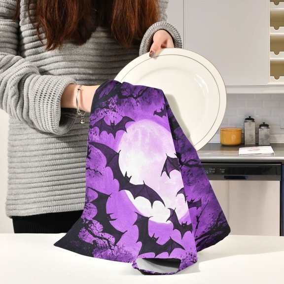 BZSMCE Kitchen Towels Creative Lovely Bats Flying Purple Moon Pattern Durable Kitchen Towel