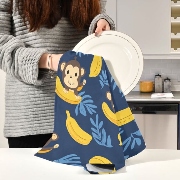 BZSMCE Kitchen Towels Creative Monkeies Eat Banana Pattern Durable Kitchen Towel