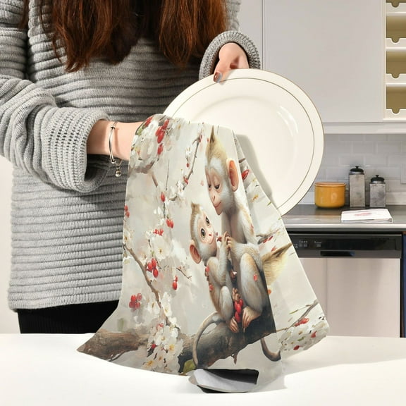 BZSMCE Kitchen Towels Creative Monkey Play on Tree Pattern Durable Kitchen Towel