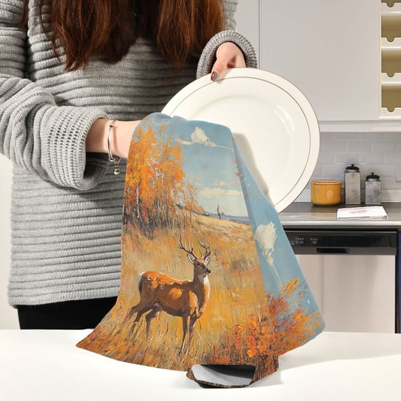 BZSMCE Kitchen Towels Creative Mule Deer Cross The Forest Pattern Durable Kitchen Towel