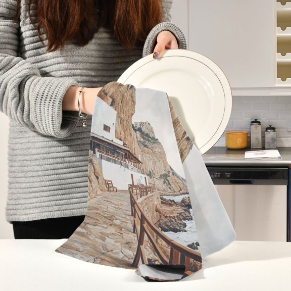 BZSMCE Kitchen Towels Creative Natural Rocky Coast Painting Pattern Durable Kitchen Towel