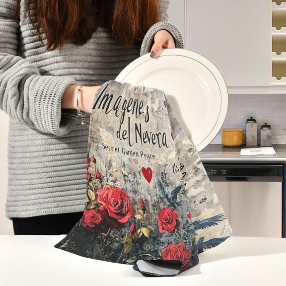 BZSMCE Kitchen Towels Creative Oil Red Rose Pattern Pattern Durable Kitchen Towel