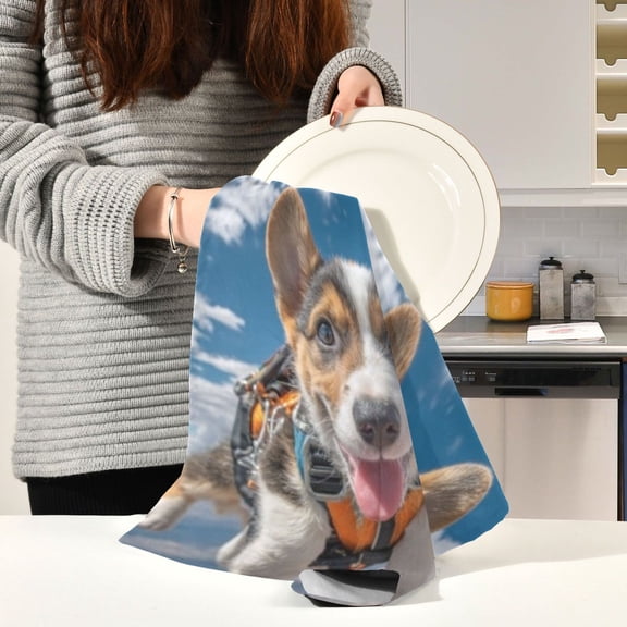 BZSMCE Kitchen Towels Creative Orange Harness Corgi Pattern Durable Kitchen Towel