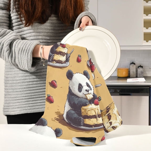 BZSMCE Kitchen Towels Creative Panda Eat Cake Pattern Durable Kitchen Towel
