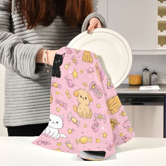 BZSMCE Kitchen Towels Creative Pink Candy Pet Fiesta Pattern Durable Kitchen Towel