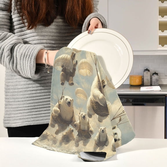 BZSMCE Kitchen Towels Creative Polar Bears Fly with Parachutes Painting Pattern Durable Kitchen Towel