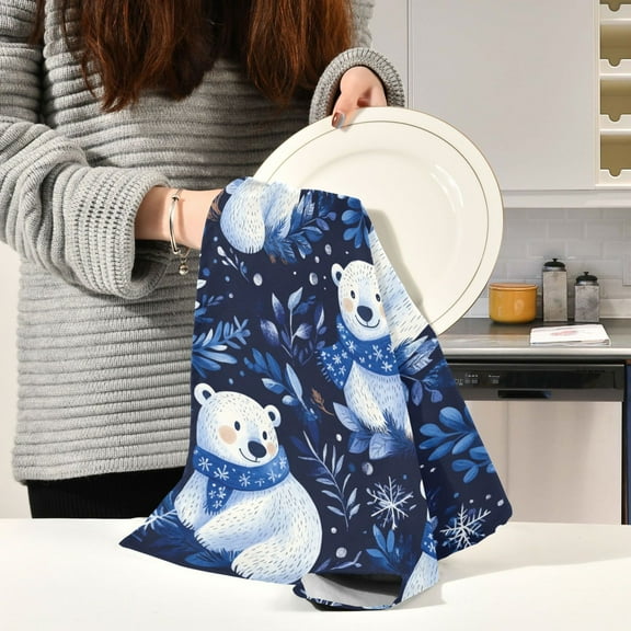 BZSMCE Kitchen Towels Creative Polar Bears in Blue Scarf Pattern Durable Kitchen Towel