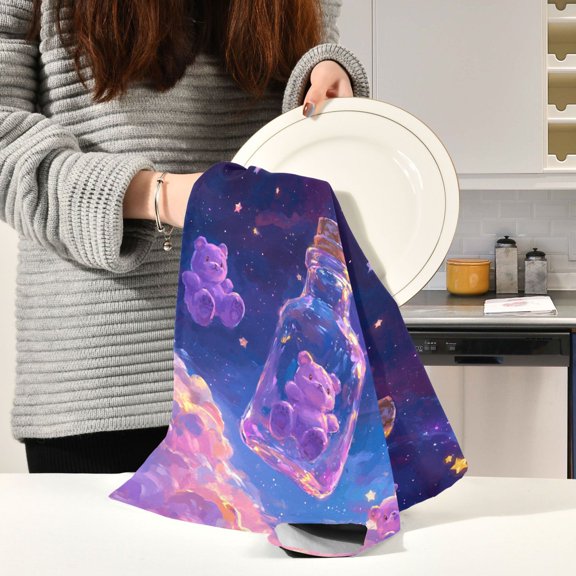 BZSMCE Kitchen Towels Creative Purple Bear in Bottle Pattern Durable Kitchen Towel