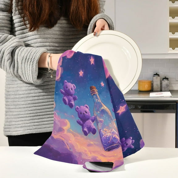 BZSMCE Kitchen Towels Creative Purple Bear in Bottle Plainting Pattern Durable Kitchen Towel