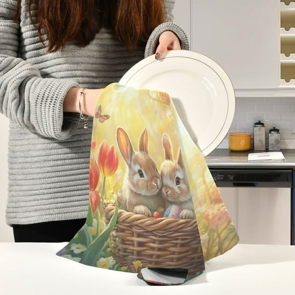 BZSMCE Kitchen Towels Creative Rabbit on Easter Basket Pattern Durable Kitchen Towel