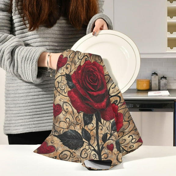 BZSMCE Kitchen Towels Creative Red Rose Pattern Pattern Durable Kitchen Towel