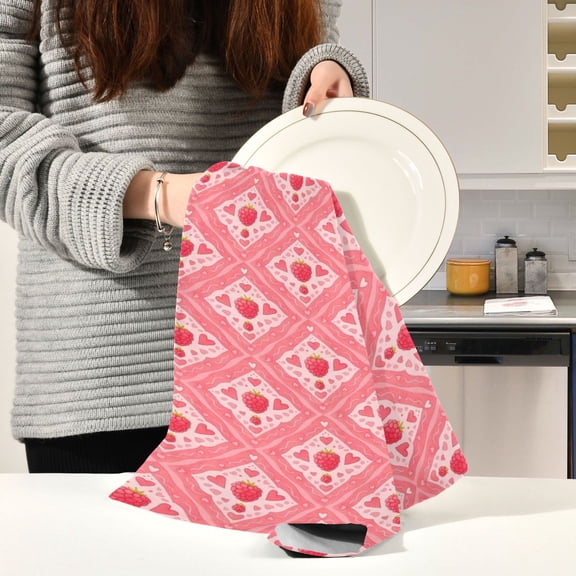BZSMCE Kitchen Towels Creative Retro Pink Heart Diamond Pattern Durable Kitchen Towel