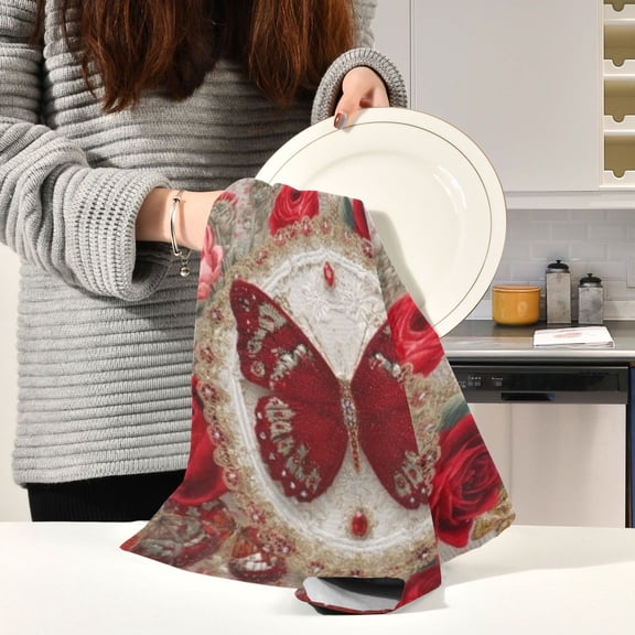 BZSMCE Kitchen Towels Creative Ruby Butterfly Pattern Durable Kitchen Towel