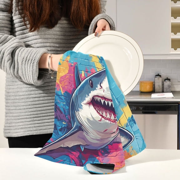 BZSMCE Kitchen Towels Creative Shark Jump To Wall Pattern Durable Kitchen Towel