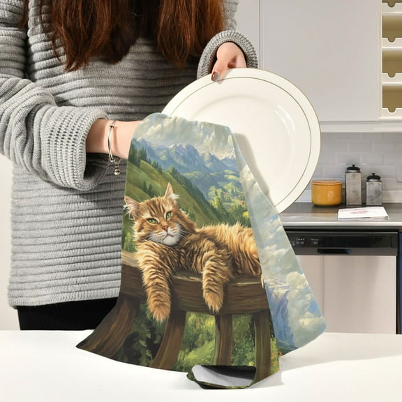BZSMCE Kitchen Towels Creative Side-lying Cat Pattern Durable Kitchen Towel
