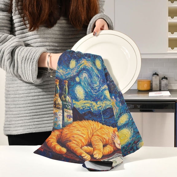 BZSMCE Kitchen Towels Creative Sleeping Cat Plainting Pattern Durable Kitchen Towel