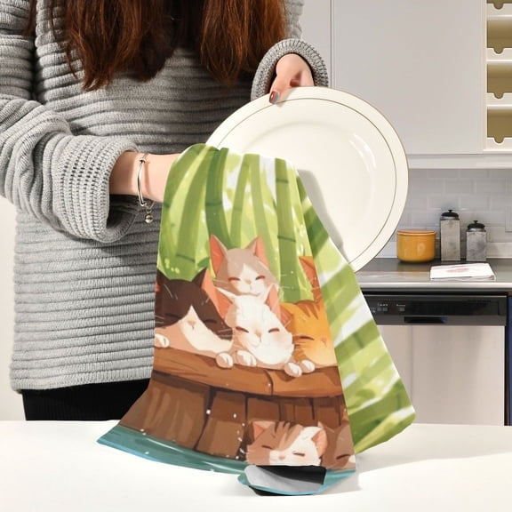 BZSMCE Kitchen Towels Creative Sleepy Bamboo Cats Pile Pattern Durable Kitchen Towel