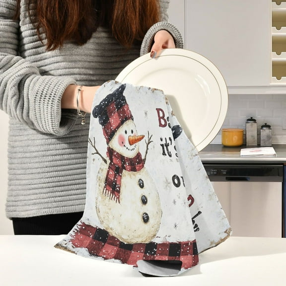 BZSMCE Kitchen Towels Creative Smiled Snowman Pattern Pattern Durable Kitchen Towel