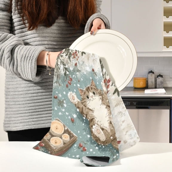 BZSMCE Kitchen Towels Creative Snowy Winter Candle Pattern Durable Kitchen Towel