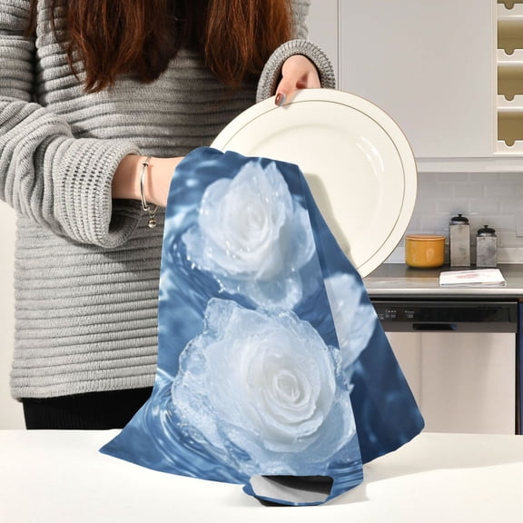 BZSMCE Kitchen Towels Creative Soft White Rose Pattern Durable Kitchen Towel