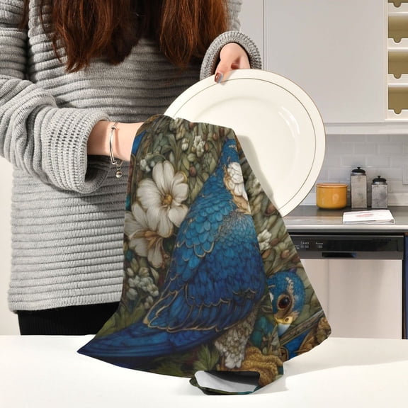 BZSMCE Kitchen Towels Creative Stained Glass Blue Bird Pattern Durable Kitchen Towel