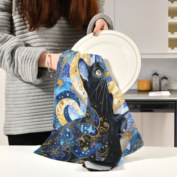 BZSMCE Kitchen Towels Creative Starry-eyed Feline in A Cosmic Mosaic Pattern Durable Kitchen Towel