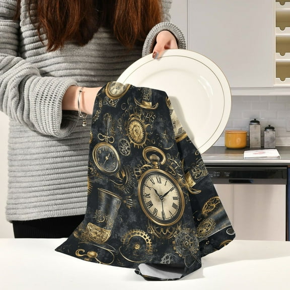 BZSMCE Kitchen Towels Creative Steampunk Clock Pattern Pattern Durable Kitchen Towel