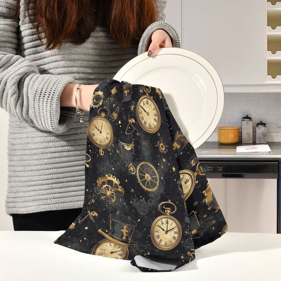 BZSMCE Kitchen Towels Creative Steampunk Pocket Watches Pattern Durable Kitchen Towel