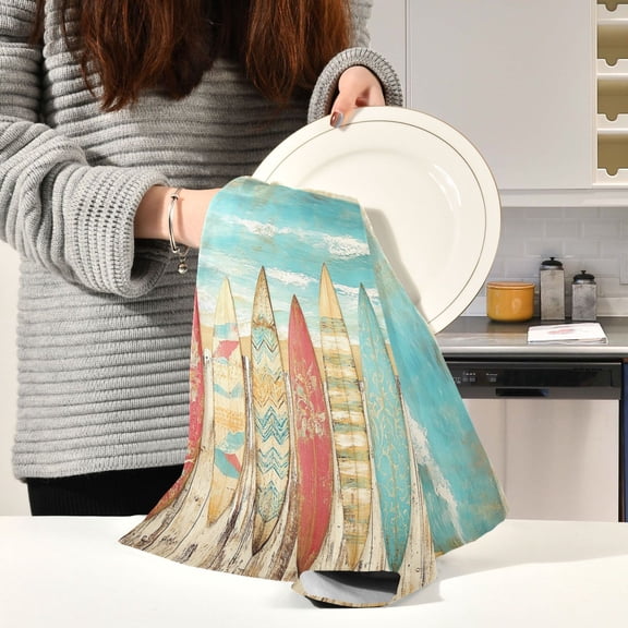 BZSMCE Kitchen Towels Creative Surfboard by The Sea Painting Pattern Durable Kitchen Towel
