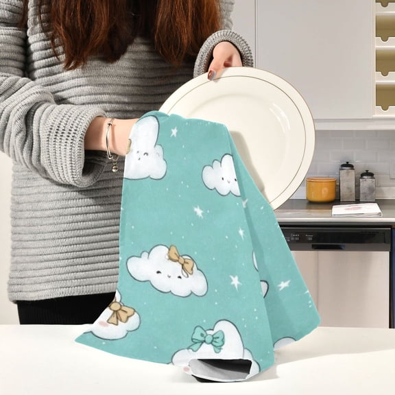 BZSMCE Kitchen Towels Creative Teal Bow Clouds Stars Pattern Durable Kitchen Towel