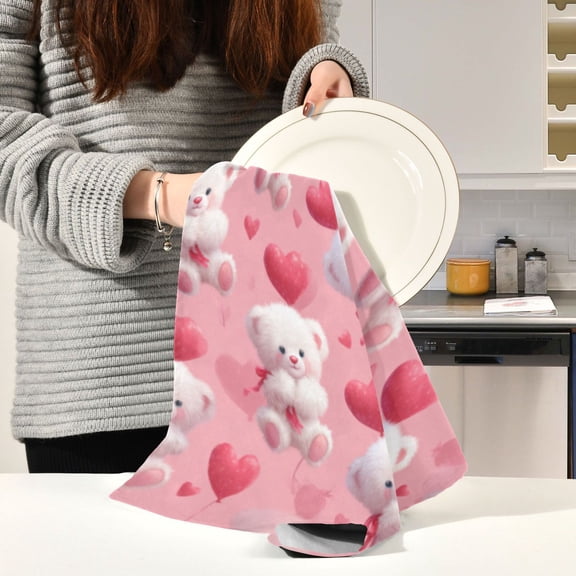 BZSMCE Kitchen Towels Creative Teddy Bear Love Blush Pattern Durable Kitchen Towel