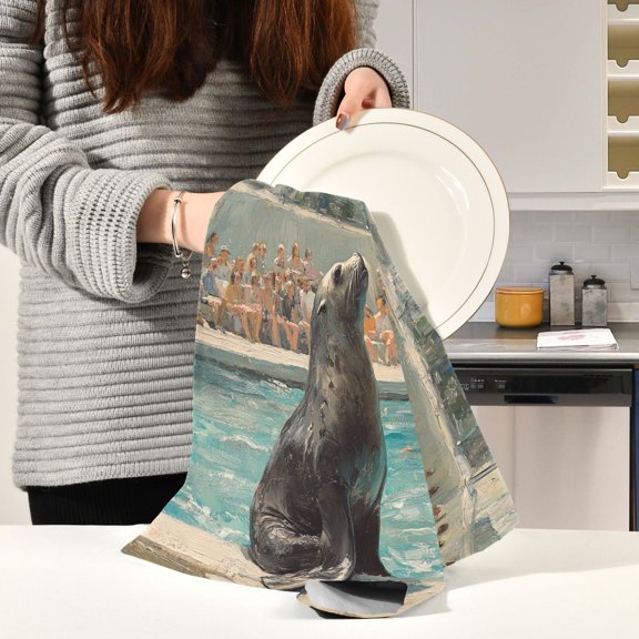 BZSMCE Kitchen Towels Creative The Central Sea Lion Pool Pattern Durable Kitchen Towel
