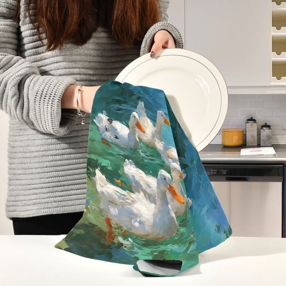 BZSMCE Kitchen Towels Creative Turquoise Water Ducks Pattern Durable Kitchen Towel