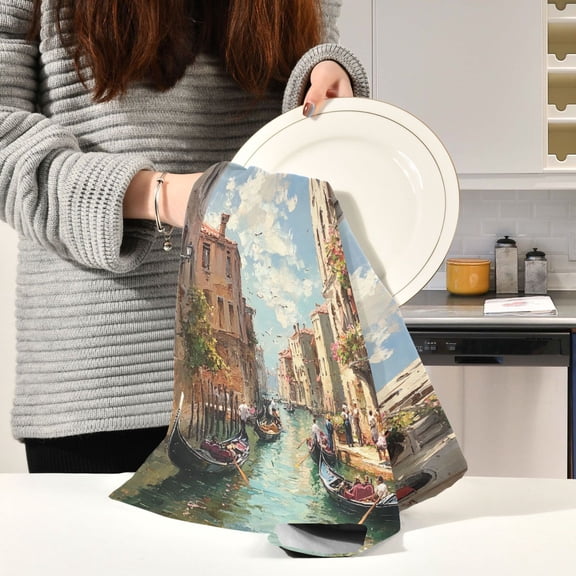 BZSMCE Kitchen Towels Creative Venetian Canal with Green Water Pattern Durable Kitchen Towel