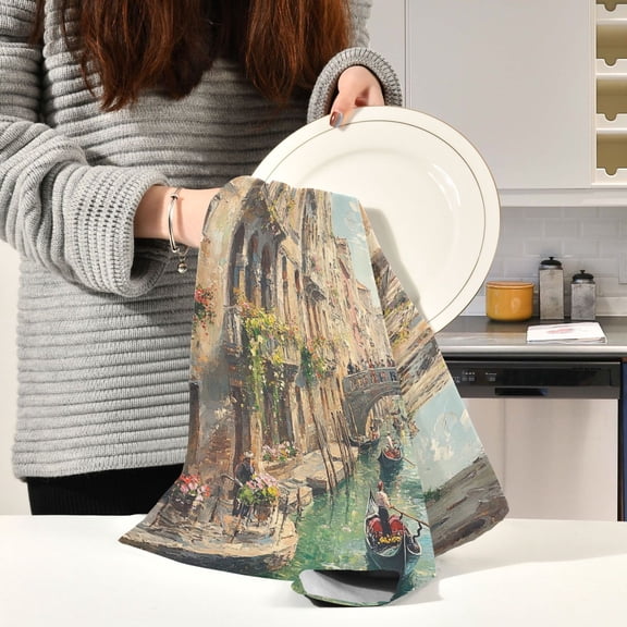 BZSMCE Kitchen Towels Creative Venetian Canalwith Green Water Painting Pattern Durable Kitchen Towel