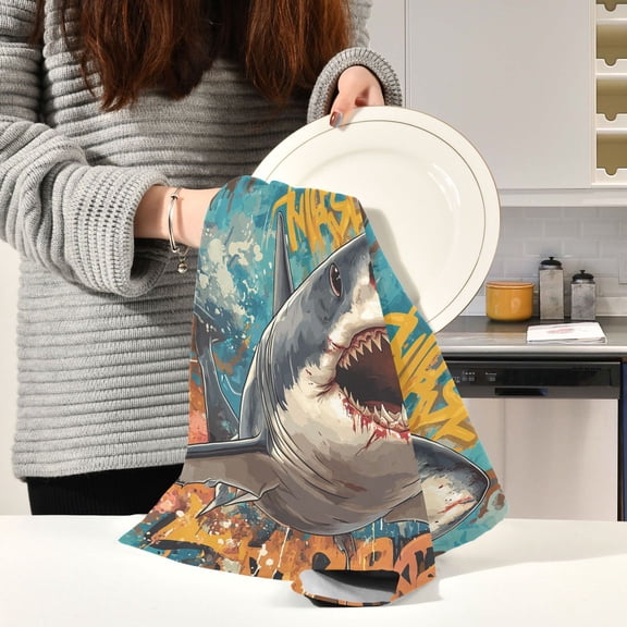 BZSMCE Kitchen Towels Creative Attack Sharks Pattern Pattern Durable Kitchen Towel