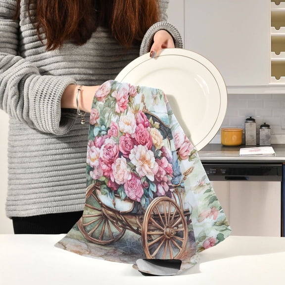 BZSMCE Kitchen Towels Creative Victorian Carriage with Roses Pattern Durable Kitchen Towel