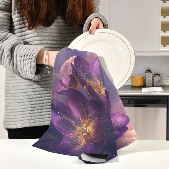 BZSMCE Kitchen Towels Creative Violet Flowers Pattern Durable Kitchen Towel
