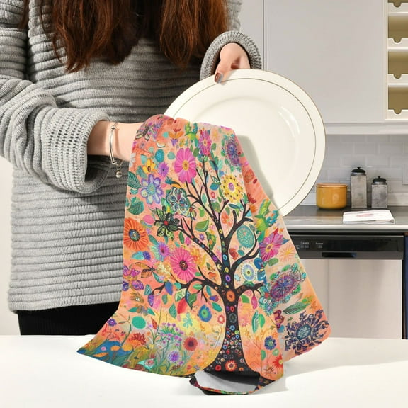 BZSMCE Kitchen Towels Creative Watercolor Tree Painting Pattern Durable Kitchen Towel