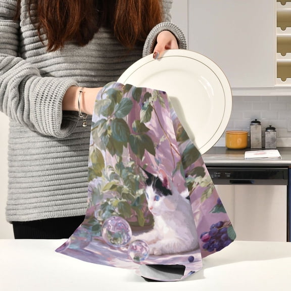 BZSMCE Kitchen Towels Creative Whimsical Cat in Berry Pattern Durable Kitchen Towel