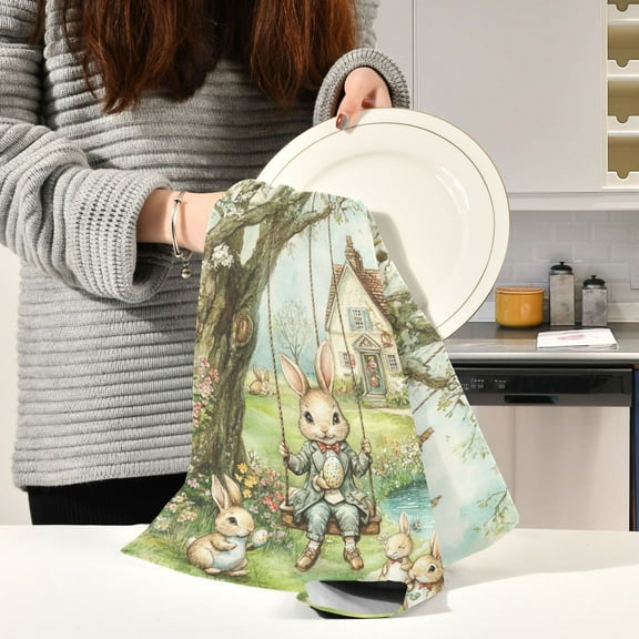 BZSMCE Kitchen Towels Creative Whimsical Happy Rabbits Pattern Durable Kitchen Towel