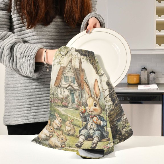 BZSMCE Kitchen Towels Creative Whimsical Rabbits Pattern Durable Kitchen Towel