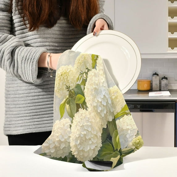 BZSMCE Kitchen Towels Creative White Hydrangea Bush Painting Pattern Durable Kitchen Towel