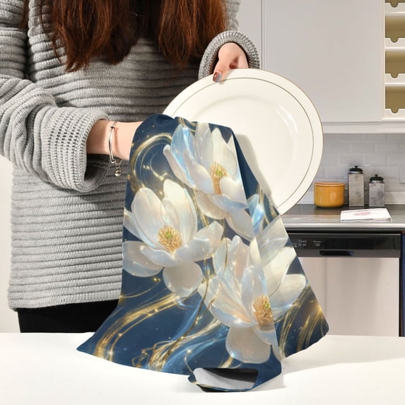 BZSMCE Kitchen Towels Creative White Lotus with Golden Aura Pattern Durable Kitchen Towel