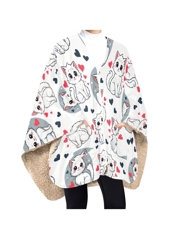 BZSMCE Kitten Heart Print Wearable Blanket Poncho DoubleLayer Fleece Sherpa Wrap Blanket With Zipper & Pockets Cozy Sleeveless Warm Throw Blanket