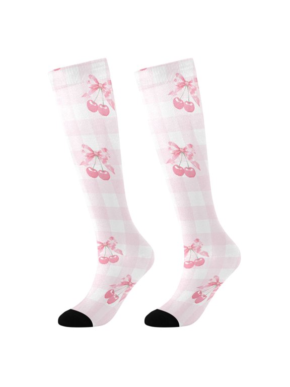 BZSMCE KneeHigh Socks Mint Base With Bows Cherries Pattern Print Silhouette Breathable Polyester Socks