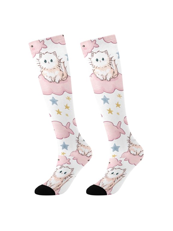 BZSMCE KneeHigh Socks Mint Base With Cloudy Cuddle Crew Print Silhouette Breathable Polyester Socks